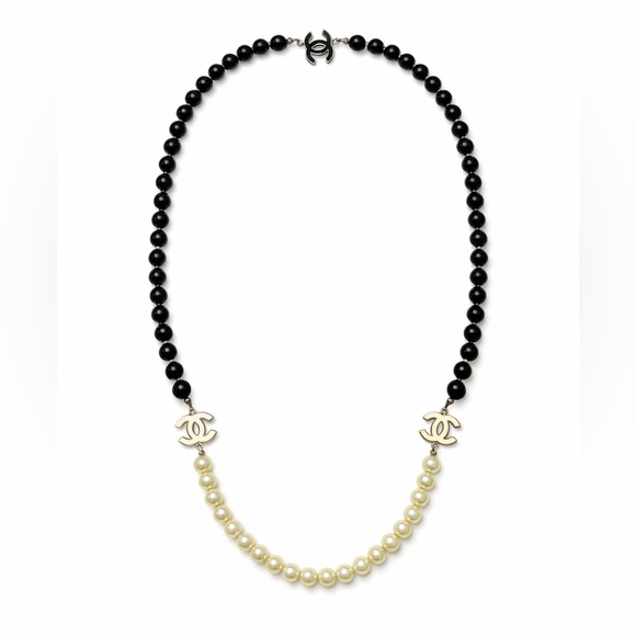 Chanel VTG Onyx & White Pearl Statement Necklace w/ Enamel Accents 28”